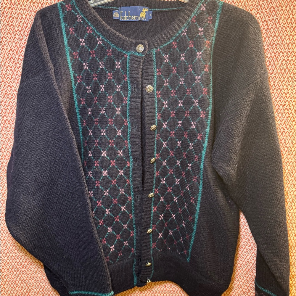Women's Pure Wool Navy Cardigan Size M Eclectic Grandpa Style